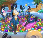  2017 anthro ball balloon beach beach_ball belly big_breasts bikini black_hair breasts cat clone clothed clothing detailed_background digital_media_(artwork) feline female flavia group hair inflatable inner_tube long_hair looking_at_viewer mammal mattress mekh outside party pool_(disambiguation) pool_toys purple_eyes sand seaside smile standing swimsuit 