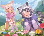  :d animal_ears battery bent_over black_bow black_skirt blonde_hair blue_sky blush bow bowtie breasts brown_eyes camera cloud common_raccoon_(kemono_friends) day dress dutch_angle fang fennec_(kemono_friends) flower fox_ears fox_tail fur_collar gradient_hair grass grey_hair half-closed_eyes hill kemono_friends leaning_forward looking_at_viewer mountain multicolored_hair multiple_girls nature open_mouth outdoors panties pantyhose pantyshot pantyshot_(sitting) pepeto_(cocoyuzumugi) pleated_dress raccoon_ears raccoon_tail sandstar short_hair sitting skirt sky small_breasts smile tail taking_picture thighhighs two-tone_hair underwear viewfinder white_legwear white_skirt yellow_bow 