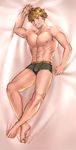  abs arm_up barefoot bed_sheet blonde_hair blue_eyes bulge clenched_hand collarbone dakimakura full_body granblue_fantasy grin highres looking_at_viewer male_focus mixivsky muscle pectorals shirtless sideburns smile solo sweat underwear vane_(granblue_fantasy) 