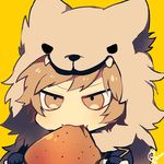 bad_id bad_twitter_id berserker_(granblue_fantasy) boned_meat brown_eyes brown_hair chibi eating food gran_(granblue_fantasy) granblue_fantasy lowres male_focus meat mob_(killmob) signature simple_background smile solo upper_body yellow_background 