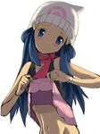  1girl bare_shoulders blue_eyes blue_hair blush hikari_(pokemon) long_hair looking_at_viewer mushi_gyouza navel pokemon pokemon_(anime) skirt_lift sleeveless solo stomach 