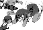  all_fours ass bdsm bondage bound breasts chain choker commentary commentary_request covered_navel cuffs glasses gloves greyscale key kinbakuman lock monochrome mouth_hold original padlock restrained school_swimsuit self_bondage semi-rimless_eyewear short_hair small_breasts solo swimsuit thighhighs under-rim_eyewear 