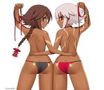  2girls artist_name ass back bikini bikini_top_removed black_rose_(.hack//) blue_eyes blush brown_hair dark_skin from_behind hand_on_another's_back hips kuroonehalf long_hair looking_at_viewer looking_back mimiru_(.hack//) multiple_girls red_eyes scar short_hair smile swimsuit topless white_background white_hair 