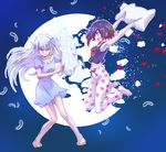  barefoot black_hair blue_dress broken_moon commentary dress english_commentary feathers iesupa magic_circle moon multiple_girls navel pajamas petals pillow pillow_fight red_hair ruby_rose rwby scar scar_across_eye sleep_mask tank_top weiss_schnee white_hair 