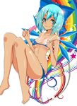  &gt;:) absurdres aqua_eyes aqua_hair bare_arms bare_legs bare_shoulders barefoot bikini bikini_tan blush bow breasts cirno cleavage collarbone eyebrows_visible_through_hair food full_body hair_bow hands_up hidden_star_in_four_seasons highres holding ice ice_wings knees_up looking_at_viewer medium_breasts melting navel off_shoulder popsicle rainbow shiny shiny_hair shiny_skin smile solo star stomach strap_slip swimsuit tan tanline tanned_cirno touhou underboob v-shaped_eyebrows wings yukito_(dreamrider) 
