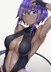  armpits blush breasts center_opening collarbone cowboy_shot dark_skin fate/prototype fate/prototype:_fragments_of_blue_and_silver fate_(series) fingerless_gloves gloves hand_on_head hassan_of_serenity_(fate) leotard looking_at_viewer medium_breasts midriff navel open_mouth parted_lips purple_eyes purple_hair saintshiro shiny shiny_hair shiny_skin short_hair_with_long_locks sidelocks solo stomach 