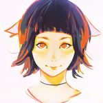  alternate_hairstyle animal_ears bangs black_choker blunt_bangs brown_hair choker closed_mouth commentary face fox_ears ilya_kuvshinov looking_at_viewer no_pupils original portrait red_eyes short_hair simple_background smile solo string_choker white_background 