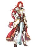  armor armored_boots bangs belt boots braid breastplate fire_emblem fire_emblem:_souen_no_kiseki fire_emblem_heroes full_body gauntlets gloves green_eyes hand_on_hip highres long_hair looking_at_viewer official_art pants pauldrons pelvic_curtain red_hair single_braid smile solo standing tiamat_(fire_emblem) transparent_background very_long_hair wada_sachiko 