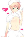  areolae arm_behind_back arm_support arm_up axis_powers_hetalia bangs blush closed_mouth commentary_request cowboy_shot eiki_kisa eyebrows_visible_through_hair green_eyes heart holding holding_syringe kefir looking_at_viewer male_focus mouth_hold navel nipples nurse orange_hair puffy_nipples puffy_short_sleeves puffy_sleeves shiny shiny_hair shiny_skin shirt shirt_in_mouth shirt_lift short_sleeves shorts simple_background sitting solo suggestive_fluid syringe thick_eyebrows united_kingdom_(hetalia) white_background white_shirt white_shorts 