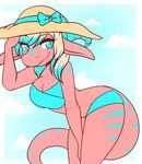 blonde_hair blue_eyes breasts cleavage clothed clothing coraldragon dragon female hair horn looking_at_viewer pink_body reptile scales scalie smile solo standing sun_hat swimsuit zyira 