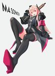  armband assault_rifle bandana black_footwear black_legwear blonde_hair boots cancell character_name girls_frontline gun hair_ornament highlights highres jacket long_hair looking_at_viewer m4_carbine m4_sopmod_ii m4_sopmod_ii_(girls_frontline) multicolored_hair red_eyes red_hair rifle simple_background skirt smile solo streaked_hair teeth thigh_boots thighhighs two-tone_hair weapon 