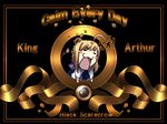  :3 :d =_= ahoge artoria_pendragon_(all) black_background blonde_hair blush_stickers fate/stay_night fate_(series) gao highres metro-goldwyn-mayer open_mouth parody saber satomi short_hair simple_background smile solo text_focus 