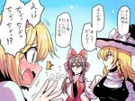  3girls alice_margatroid alternate_hair_length alternate_hairstyle ascot black_vest blonde_hair blue_eyes bow braid breasts brown_hair commentary_request detached_sleeves hair_bow hair_tubes hairband hakurei_reimu hand_on_own_chin hat hat_bow kirisame_marisa large_breasts long_hair looking_at_another medium_breasts multiple_girls open_mouth people puffy_short_sleeves puffy_sleeves red_shirt shirt short_sleeves single_braid sweatdrop touhou translated tsuki_wani turtleneck upper_body vest wide_sleeves witch_hat yellow_eyes 