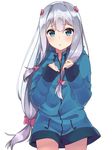  blue_eyes blush bow eromanga_sensei eyebrows_visible_through_hair hair_bow izumi_sagiri jacket long_hair looking_at_viewer md5_mismatch parted_lips pink_bow ribbon seki_(l0410706268) silver_hair simple_background sleeves_past_wrists solo upper_body white_background 
