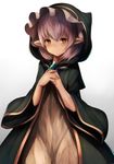  bad_id bad_twitter_id bangs blush brown_dress brown_eyes cloak closed_mouth commentary_request cowboy_shot dress gem granblue_fantasy highres hood inaba_sunimi long_sleeves looking_at_viewer minigob pointy_ears shingeki_no_bahamut short_hair silver_hair smile solo wide_sleeves 