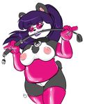  2016 4_fingers anthro areola armwear bear big_breasts black_fur breasts chest_tuft clothed clothing collar dominatrix duckdraw elbow_gloves eyewear female fur glasses gloves hair legwear lips looking_at_viewer mammal nipples overweight panda paris_france partially_clothed ponytail purple_hair pussy riding_crop rubber simple_background smile solo thigh_highs tuft whip white_background white_fur 