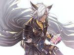 animal_ears bloom blue_eyes cape cookie cowboy_shot dark_skin dark_skinned_male erune eustace-flamek eustace_(granblue_fantasy) food food_in_mouth granblue_fantasy granblue_fantasy_(style) hair_over_one_eye highres male_focus official_style outstretched_hand simple_background solo white_background white_day white_hair 