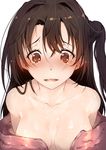  @_@ absurdres bare_shoulders blush breasts brown_eyes brown_hair cleavage highres hplay idolmaster idolmaster_cinderella_girls long_hair medium_breasts off_shoulder one_side_up open_mouth shimamura_uzuki sketch solo tears 