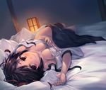  black_hair blurry blush breasts cleavage depth_of_field hand_on_own_chest hat indoors ke-ta_(style) looking_at_viewer lying medium_breasts navel no_panties off_shoulder on_back on_bed ouka_(ra-raradan) red_eyes shameimaru_aya short_hair skirt skirt_pull smile solo tokin_hat touhou 