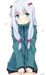  ass_visible_through_thighs blue_eyes blush bow closed_mouth commentary_request eromanga_sensei eyebrows_visible_through_hair hair_bow heart highres izumi_sagiri jacket long_hair looking_at_viewer mimura_zaja pink_bow ribbon silver_hair simple_background solo twitter_username upper_body white_background 