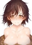  absurdres bare_shoulders blush breasts brown_hair cleavage collarbone highres honda_mio hplay idolmaster idolmaster_cinderella_girls jacket large_breasts looking_at_viewer short_hair sketch solo track_jacket white_background 