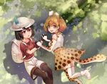  animal_ears animal_print backpack bag bangs black_gloves black_hair black_legwear black_shirt blonde_hair blush boots choker dappled_sunlight day feathers gloves hair_between_eyes happy hat helmet highres interlocked_fingers kaban_(kemono_friends) kemono_friends layered_clothing light_particles light_rays looking_at_another looking_at_viewer mofashi_beibei multiple_girls open_mouth pantyhose parted_lips pith_helmet red_shirt ribbon serval_(kemono_friends) serval_ears serval_print serval_tail shadow shiny shiny_clothes shiny_hair shirt short_hair shorts skirt sleeveless sleeveless_shirt sparkling_eyes sunbeam sunlight tail teeth thighhighs thighs tree wall white_footwear white_shirt worried yellow_skirt 