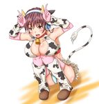  animal_ears animal_print armpits bangs bell bell_collar blue_panties blush breast_hold breasts brown_eyes brown_footwear brown_hair cleavage collar collarbone commentary_request cow_ears cow_horns cow_print cow_tail elbow_gloves full_body gloves headset horns idolmaster idolmaster_cinderella_girls index_finger_raised joker_(bake-monogatari) knees_up large_breasts oikawa_shizuku open_mouth panties pantyshot pantyshot_(sitting) pink_gloves pink_legwear shoes short_hair sitting solo tail tail_raised thighhighs underwear 