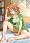 araki_hina barefoot bed bedroom blush bookshelf breasts brown_eyes brown_hair camisole cleavage collarbone feet glasses green_jacket grey-framed_eyewear hand_in_hair hida_tatsuo idolmaster idolmaster_cinderella_girls indoors jacket jacket_on_shoulders knee_up lens_flare looking_at_viewer manga_(object) medium_breasts messy_hair on_bed open_clothes open_jacket open_mouth poster_(object) shorts sitting sleepy solo spread_legs track_jacket 