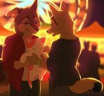  5_fingers akitamonster anthro black_nose blurred_background brown_fur canine clothed clothing detailed_background dog duo fur mammal smile 