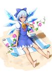  arm_support bangs barefoot blue_bow blue_dress blue_eyes blue_hair blush bow cirno convolvulus dress dtvisu eating flip-flops flower food full_body hair_bow hidden_star_in_four_seasons ice ice_wings morning_glory popsicle puffy_short_sleeves puffy_sleeves sandals sandals_removed short_hair short_sleeves sitting solo sunflower tan tanned_cirno touhou wings 
