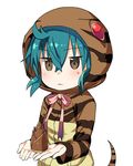  aqua_hair bamboo_shoot check_commentary commentary commentary_request eyebrows_visible_through_hair greatmosu hood hoodie kemono_friends long_sleeves palms ribbon short_hair snake_tail solo striped_hoodie tail tsuchinoko_(kemono_friends) 