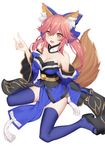  absurdres animal_ears bell bell_collar black_legwear blue_legwear blush bow breasts cleavage collar detached_sleeves fate/extra fate/extra_ccc fate/grand_order fate_(series) flower fox_ears fox_shadow_puppet fox_tail hair_bow hair_ribbon highres icarus_(632247131) japanese_clothes large_breasts looking_up open_mouth pink_hair ribbon simple_background sitting solo tail tamamo_(fate)_(all) tamamo_no_mae_(fate) wariza white_background yellow_eyes 