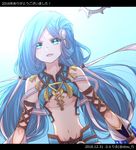  1girl armor bare_shoulders blue_eyes blue_hair blush breasts dana_(ys) hair_ornament long_hair midriff mound_of_venus navel open_mouth underboob ys ys_viii_lacrimosa_of_dana 