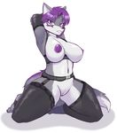  2017 anthro areola armpits big_breasts black_nose breasts canine clothed clothing female fur garter_belt garter_straps grey_fur jess_(teckly) kneeling legwear looking_at_viewer mammal markings mostly_nude multicolored_fur multicolored_tail navel nipples pruple_hair purple_eyes pussy seductive sketch smile solo spazman stockings teasing teeth two_tone_fur wolf 