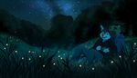  akitamonster anthro blakc_nose canine clothed clothing detailed_background dog duo grass hoodie male mammal night open_mouth outside porcupine rodent sitting sky smile star starry_sky teeth 