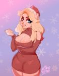  2018 anthro bedroom_eyes blonde_hair blue_eyes breasts cleavage cleavage_cutout clothed clothing enjoipandas eyeshadow female fully_clothed hair half-closed_eyes hat keyhole_turtleneck lipstick long_hair looking_at_viewer makeup mammal miss_piggy muppets pig porcine seductive signature simple_background smile solo sweater thick_thighs 