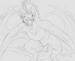  2017 black_and_white claws digital_drawing_(artwork) digital_media_(artwork) dragon erection feral forked_tongue front_view knot male membranous_wings monochrome open_mouth penis precum scales simple_background sketch solo spiked_penis spikes teeth tongue tongue_out verro white_background winged_arms wings wyvern yaroul 