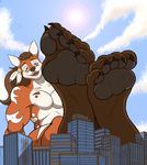  2016 5_toes abs black_claws black_nose canine city claws cloud feathers feet foot_fetish foot_focus fox fur green_eyes hair long_hair macro male mammal multicolored_fur muscular open_mouth outside pawpads paws ponytail red_fur sky soles solo toepads toes zp92 