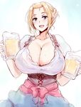  alcohol beer beer_mug blonde_hair blue_dress blue_eyes breasts cleavage collarbone commentary_request corset cup dirndl dress german_clothes goban holding holding_cup huge_breasts looking_at_viewer mole mole_under_eye oktoberfest open_mouth original puffy_short_sleeves puffy_sleeves red_sash see-through shirt short_sleeves smile solo sweat tied_hair underbust wet wet_clothes wet_shirt 