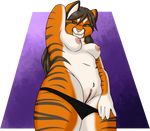  2017 amber_eyes anthro areola breasts brown_hair clitoral_hood clitoris clothing feline female flashing fur hair hi_res long_hair looking_at_viewer looking_down mammal mostly_nude navel nipples orange_fur os panties panties_down pink_nipples pink_nose pussy smile solo standing tiger underwear white_fur 