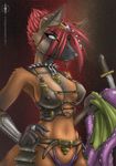  armor avengelie breasts brown_fur canine chain clothed clothing dragonnetstorm duo female fox fur green_eyes hair jewelry leather mammal melee_weapon metal monster piercing pinup pose red_hair ring skull spikes straps sword tentacles tight_clothing weapon 