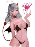  ahoge arm_at_side ass_visible_through_thighs bangs bare_shoulders bat_wings bikini black_bikini black_choker breasts chicle choker cleavage collarbone demon_girl demon_horns demon_tail demon_wings eyelashes eyeliner fangs fingernails grey_hair heart heart_choker highres horns large_breasts lips long_fingernails long_hair looking_at_viewer makeup midriff nail_polish navel open_mouth original parted_lips pink_lips pointy_ears purple_eyes red_nails sharp_fingernails short_wings simple_background smile solo strapless strapless_bikini succubus swimsuit tail white_background wings 