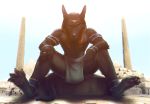  anthro anubian_jackal anubis canine clothed clothing deity dreadlocks egyptian_clothing egyptian_headdress feet headdress headwear hi_res jackal loincloth looking_at_viewer male mammal nemes_(clothing) pawpads paws shendyt sitting solo spread_legs spreading topless zen 