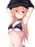  armpits arms_up bikini blush breasts chain collar hair_between_eyes highres idolmaster idolmaster_cinderella_girls long_hair looking_at_viewer medium_breasts navel ninomiya_asuka orange_hair owafu pink_eyes purple_bikini simple_background solo swimsuit underboob undressing upper_body wet white_background 