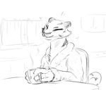  anthro bathrobe beverage clothed clothing disney eyes_closed fan_character feline female kitchen mammal monochrome morning nobby_(artist) pack_street pandora_(weaver) robe sitting smile solo tea tiger zootopia 