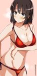  bangs banned_artist bikini black_hair blush breasts brown_eyes cleavage cosplay cowboy_shot katou_megumi large_breasts lowleg lowleg_bikini multi-strapped_bikini pink_background red_bikini saenai_heroine_no_sodatekata sawamura_spencer_eriri sawamura_spencer_eriri_(cosplay) short_hair simple_background solo swimsuit tasora twitter_username 