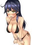  bad_id bad_pixiv_id bare_arms bare_legs bare_shoulders bikini black_bikini black_hair blush breasts collarbone cuffs handcuffs highres kantai_collection large_breasts long_hair open_mouth shackles simple_background solo swimsuit terakoya ushio_(kantai_collection) white_background yellow_eyes 