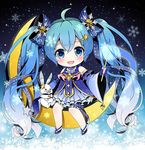  ahoge banned_artist blue_bow blue_dress blue_eyes blue_footwear blue_gloves blue_hair bow chibi crescent_moon dress fingerless_gloves gloves hair_bow hair_ornament hatsune_miku long_hair looking_at_viewer moon shoes sitting_on_moon smile snowflakes star star_hair_ornament star_night_snow_(vocaloid) thighhighs twintails very_long_hair vocaloid wand white_legwear yuki_miku yukine_(vocaloid) yuuka_nonoko 