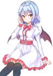  arm_support bat_wings black_legwear blue_hair bow bowtie closed_mouth dress frilled_dress frills hair_between_eyes juliet_sleeves junior27016 kneehighs long_sleeves looking_at_viewer pointy_ears puffy_sleeves red_bow red_eyes red_neckwear remilia_scarlet short_hair sitting smile solo touhou white_dress wings 