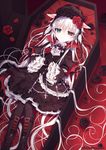  alice_claudia animal_ears black_legwear capelet coffin cross dress glaring gloves headdress heterochromia jitome lolita_fashion long_hair looking_at_viewer lying on_back original solo tsukikage_nemu vampire very_long_hair white_hair 